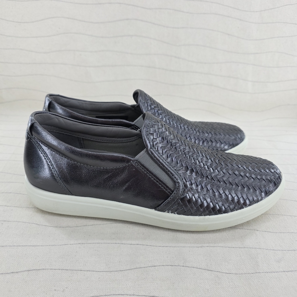Ecco Womens Soft 7 Woven Leather Pewter Gray Slip On Loafers Shoes Size 40 EU - Picture 1 of 11